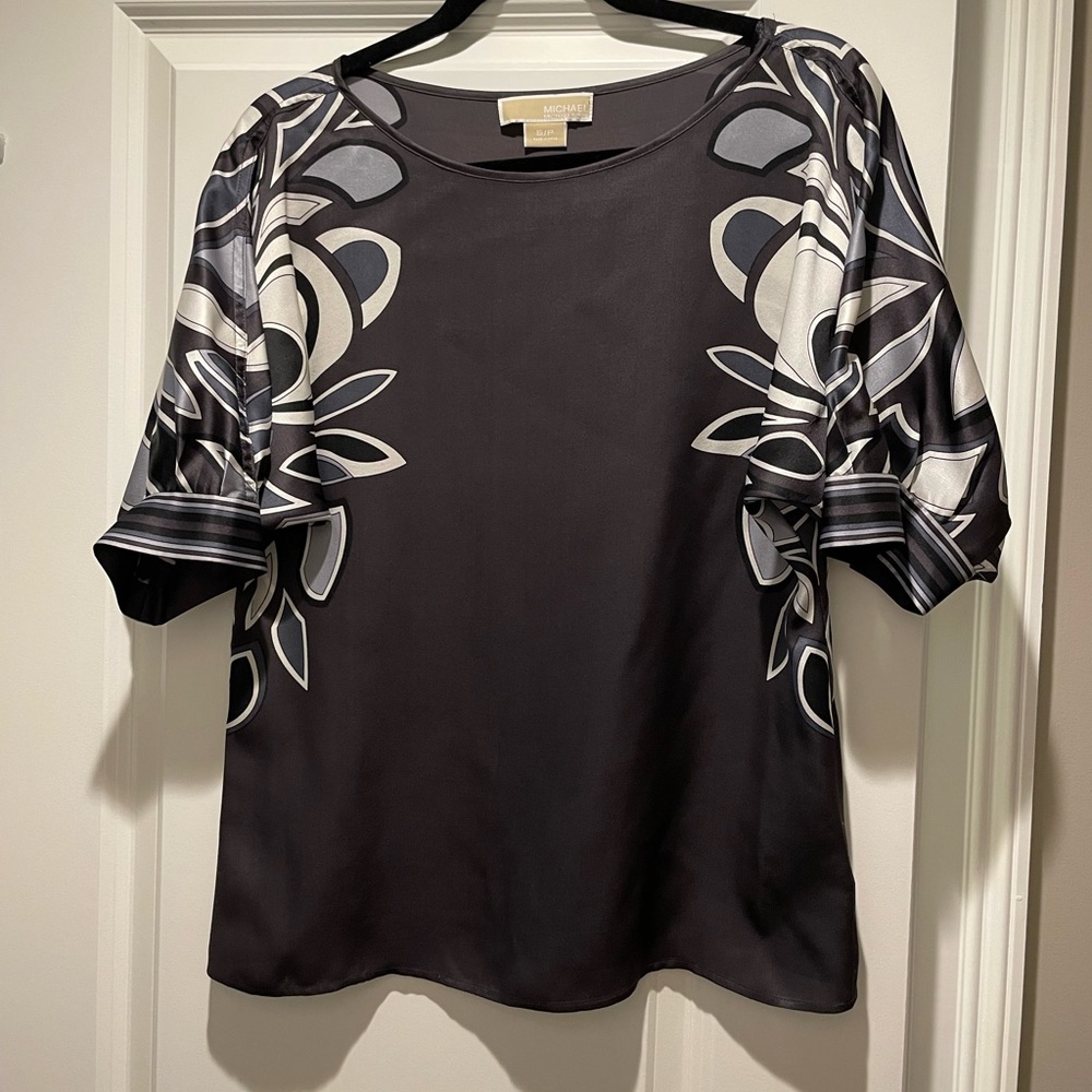 Michael Kors Silk Navy Floral Puff Sleeve Shirt NWOT